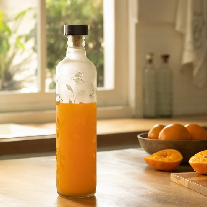 Frosted Leaf Glass Bottle With Black Wooden Stopper