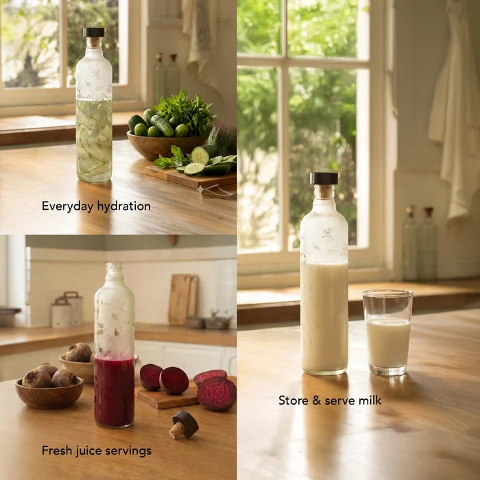 Frosted Leaf Glass Bottle With Black Wooden Stopper