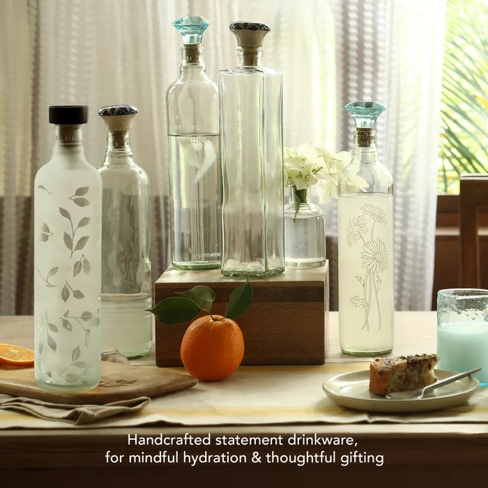 Frosted Leaf Glass Bottle With Black Wooden Stopper