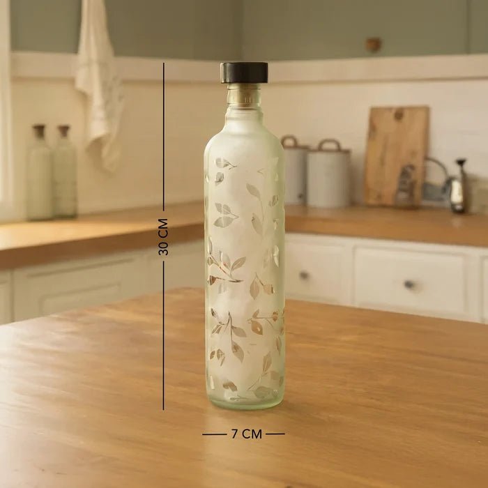 Frosted Leaf Glass Bottle With Black Wooden Stopper