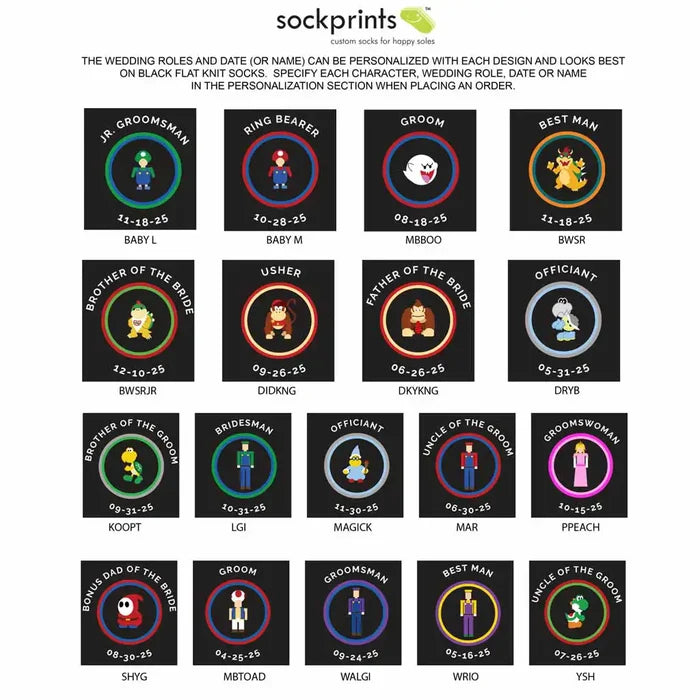 Super Mario inspired characters for personalized wedding party socks. Choose colors and sizes from our flat knit dress socks collection.