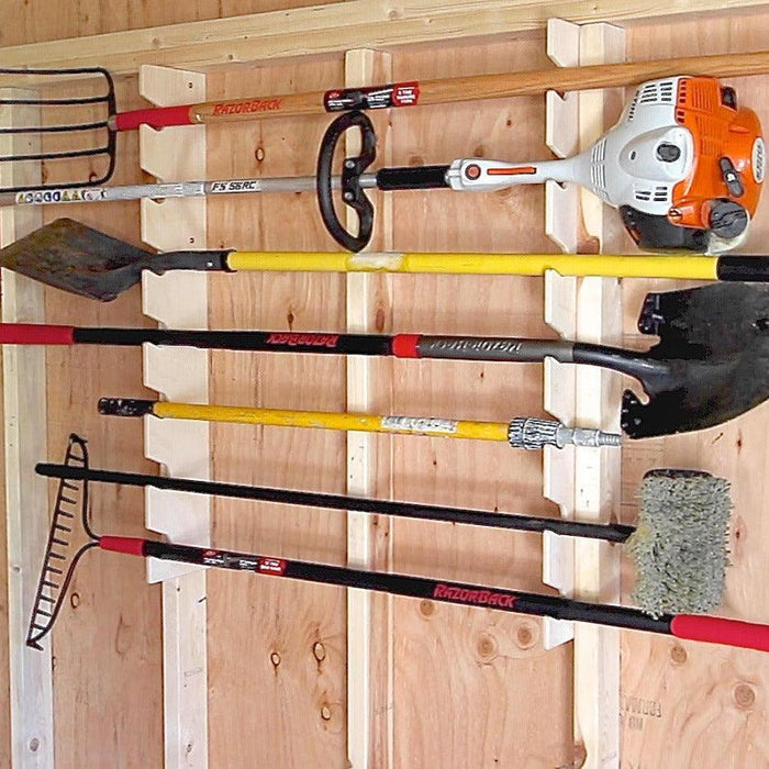Hangthis Up's - Yard tool rack for shed and garden tool storage, keeping tools organized and easily accessible.