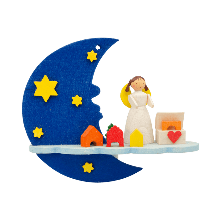 German Christmas Ornament: Moon & Cloud with Angels