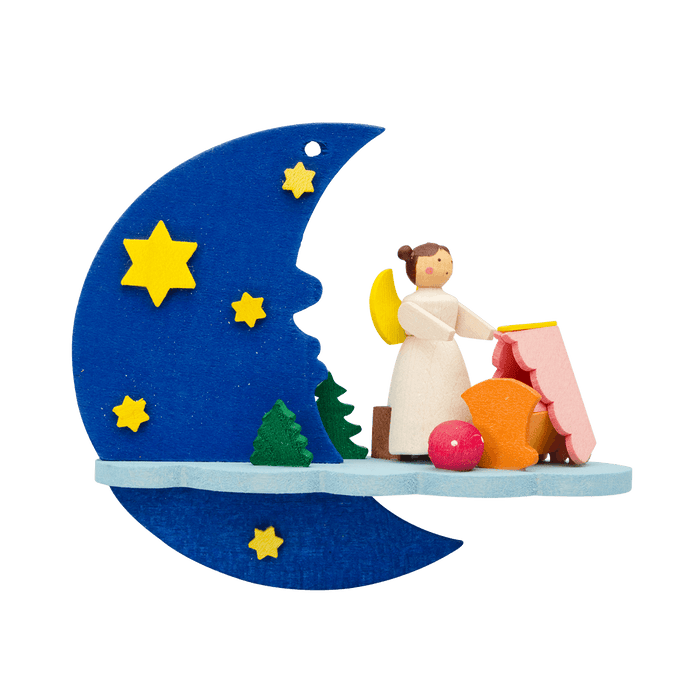 German Christmas Ornament: Moon & Cloud with Angels