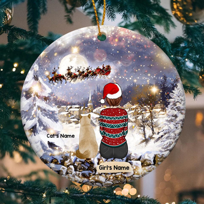 Girl And Cats Watching Santa Sleigh Circle Ceramic Ornament - Personalized Cat Lovers Decorative Christmas Ornament