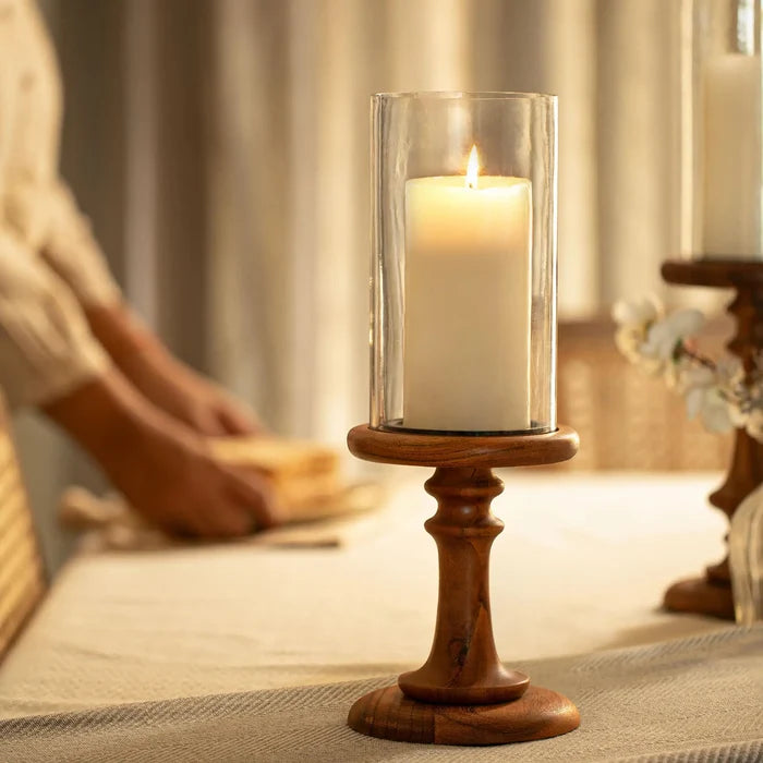 Glass & Wood Pedestal Hurricane Small