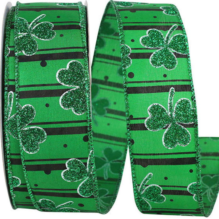 Green Clover Glitter Stripes Ribbon 1.5" x 20YD