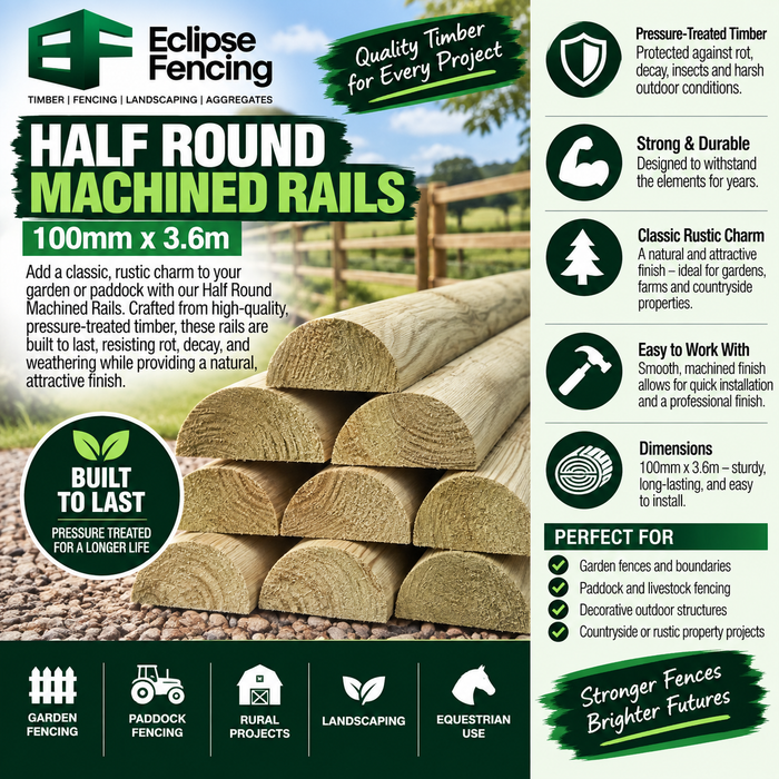 Half Round Machined Rails – 100mm x 3.6m Pressure-Treated Timber.-Eclipse Fencing