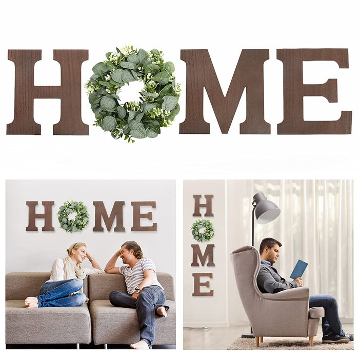 Home Sign Wall Decor Wooden Hanging Wood Home Letters for Wall Art with Artificial Eucalyptus Wreath Rustic Home Decor Farmhouse, Wall Decor for Living Room Kitchen Entryway Housewarming Gift (Brown)