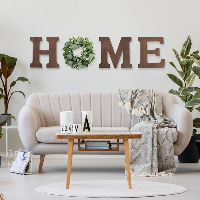 Home Sign Wall Decor Wooden Hanging Wood Home Letters for Wall Art with Artificial Eucalyptus Wreath Rustic Home Decor Farmhouse, Wall Decor for Living Room Kitchen Entryway Housewarming Gift (Brown)