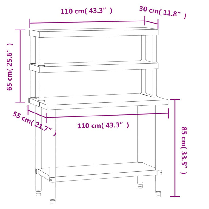 Kitchen Work Table with Overshelf 43.3"x21.7"x59.1" Stainless Steel Doba
