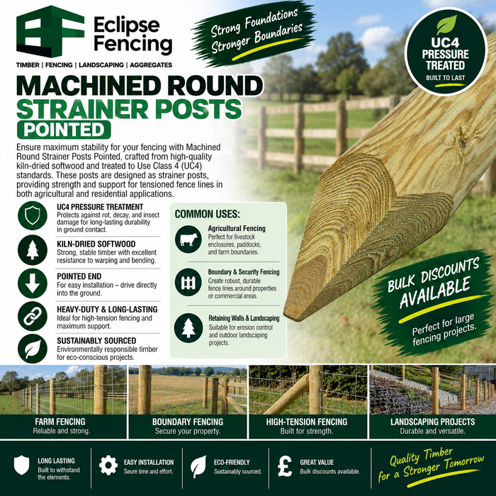 Machined Round Strainer Posts Pointed UC4 – Heavy-Duty Pressure-Treated Timber.-Eclipse Fencing