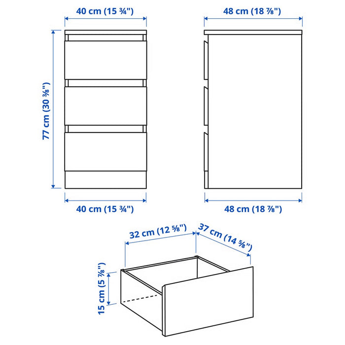MALM Chest of 3 drawers, HIGH GLOSS WHITE, 40x78cm