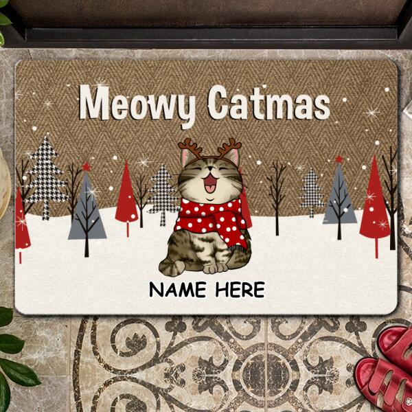 Meowy Catmas, Argyle Pattern Coir Yarn, Personalized Cat Christmas Doormat
