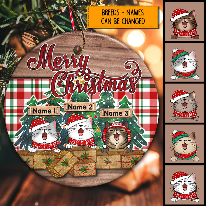 Merry Christmas Red Green Plaid & Wooden Circle Ceramic Ornament - Personalized Cat Lovers Decorative Christmas Ornament