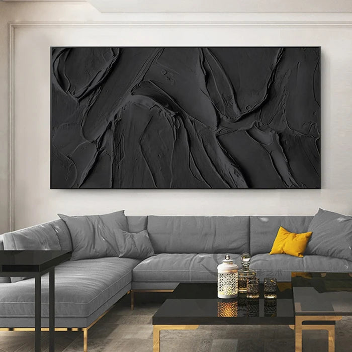 Black 3D Textured Plaster Minimalist Painting on Canvas, Handmade Wall Art