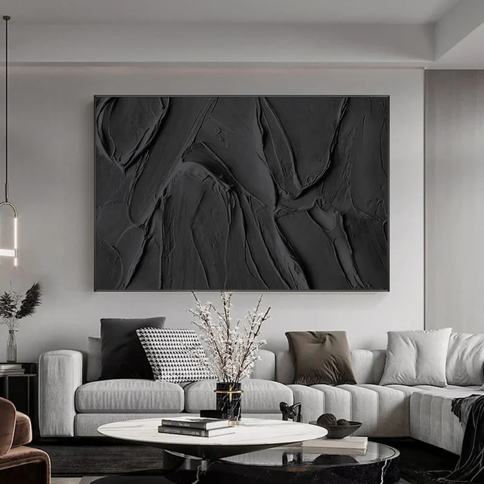 Black 3D Textured Plaster Minimalist Painting on Canvas, Handmade Wall Art
