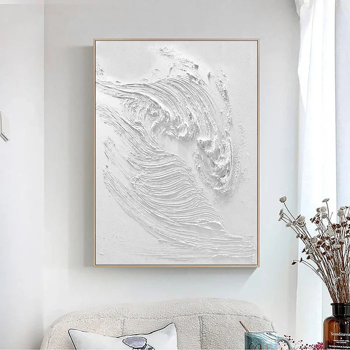White Ocean Waves Textured Plaster Art Painting, Minimalist Wall Artwork for Room Decor