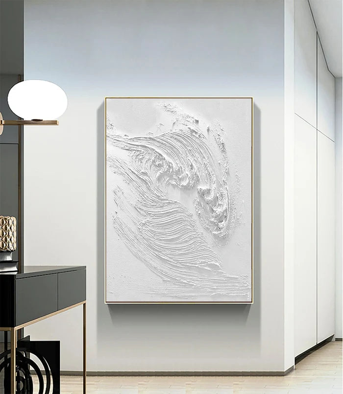 White Ocean Waves Textured Plaster Art Painting, Minimalist Wall Artwork for Room Decor