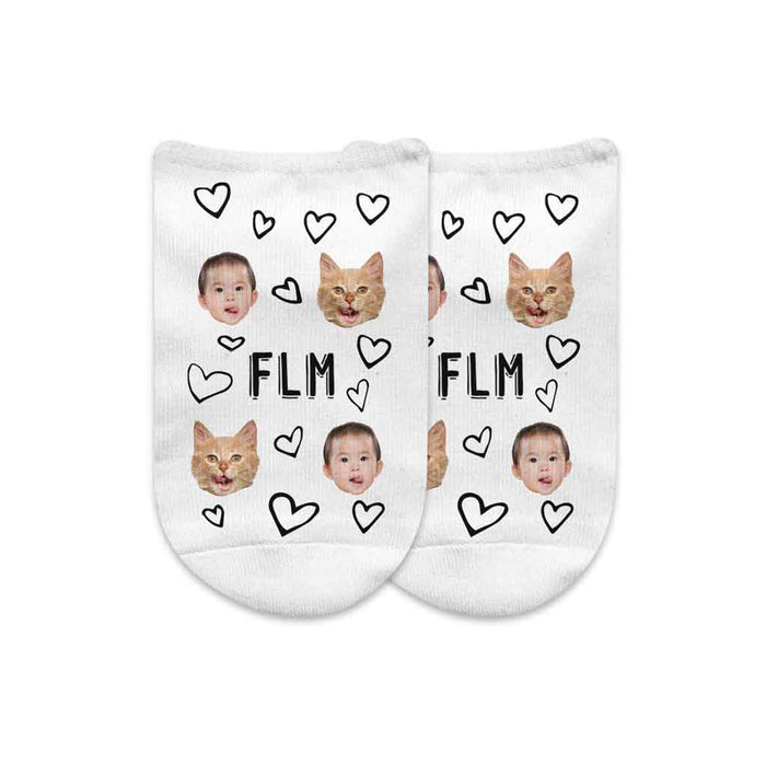 Photo faces and hearts design custom printed on white cotton no show socks in a three pair gift box set.