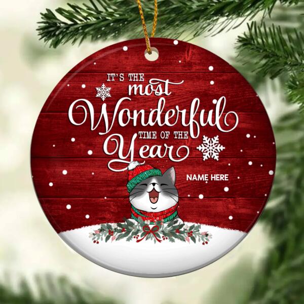 Most Wonderful Time Burgundy Wooden Circle Ceramic Ornament - Personalized Cat Lovers Decorative Christmas Ornament