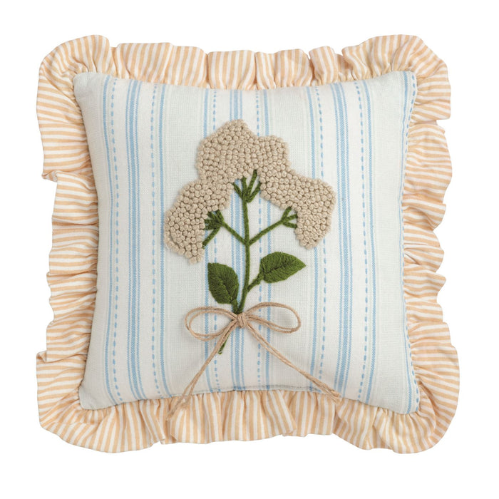 Multi-Stripe Ruffle Floral Embroidered Pillow