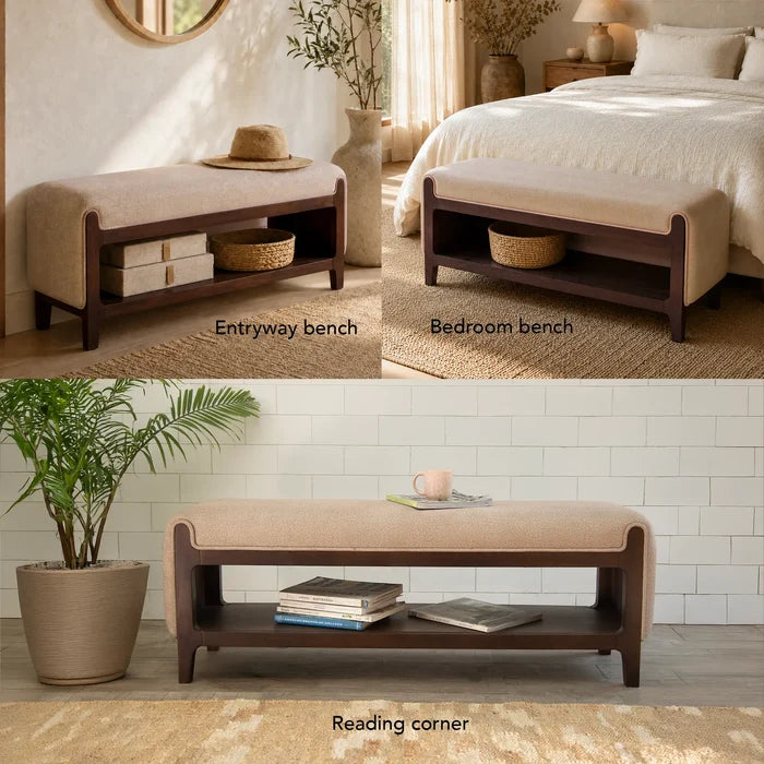 Noah Wooden Cushioned Bench with Shelf- 2