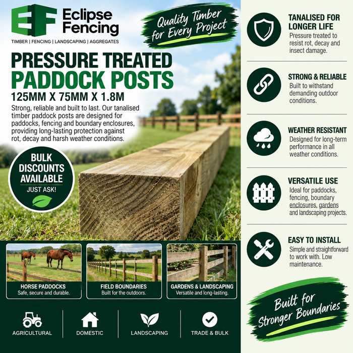 Paddock Posts 5 x 3, 125mm x 75mm x 1.8m – Pressure Treated Timber Fence Posts-Eclipse Fencing