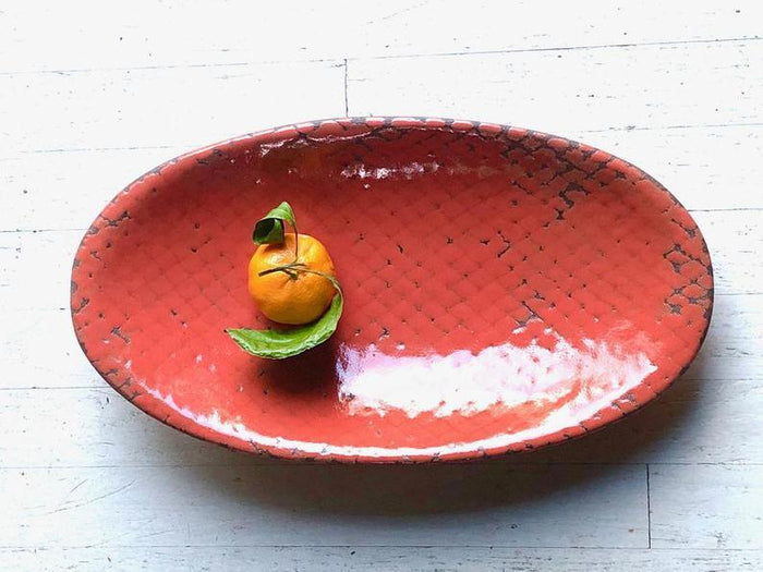 Swampgirl Pottery Large Oval Serving Bowl Red Orange
