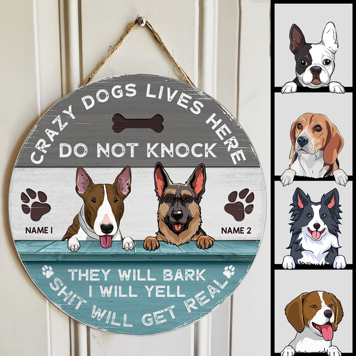 Pawzity Welcome Door Signs, Gifts For Dog Lovers, Crazy Dog Lives Here Do Not Knock Grey & Blue Funny Warning Signs , Dog Mom Gifts
