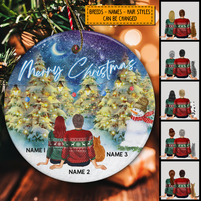 Personalised Merry Xmas Family & Cat Circle Ceramic Ornament - Personalized Cat Lovers Decorative Christmas Ornament