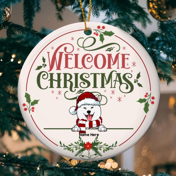 Personalised Welcome Xmas Light Pink Circle Ceramic Ornament - Personalized Dog Lovers Decorative Christmas Ornament