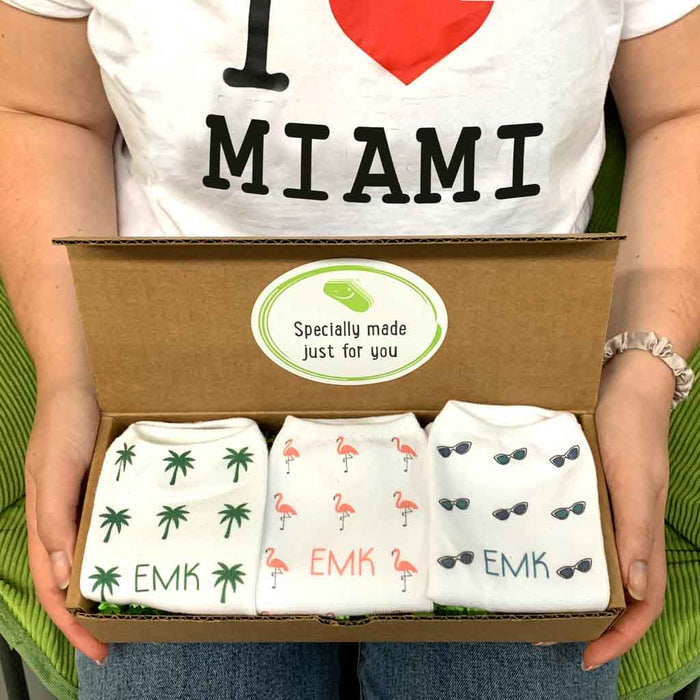 Personalized socks in a three pair gift box set digitally printed with a beachy monogram design.