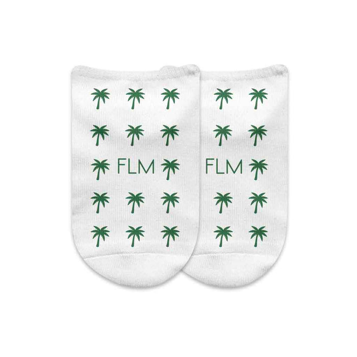 Palm tree beachy vibe design with your monogram printed on white cotton no show socks in a three pair gift box set.