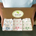 Personalized gift box set with three pair monogram socks digitally printed with a pickleball design.