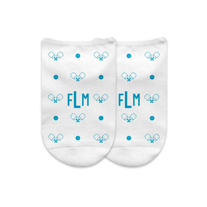 Blue pickleball design custom printed with your monogram initials on white cotton no show socks in a gift box set.