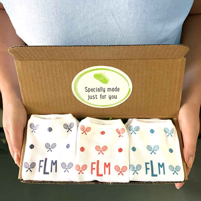 Personalized socks gift box set with a monogram tennis design.