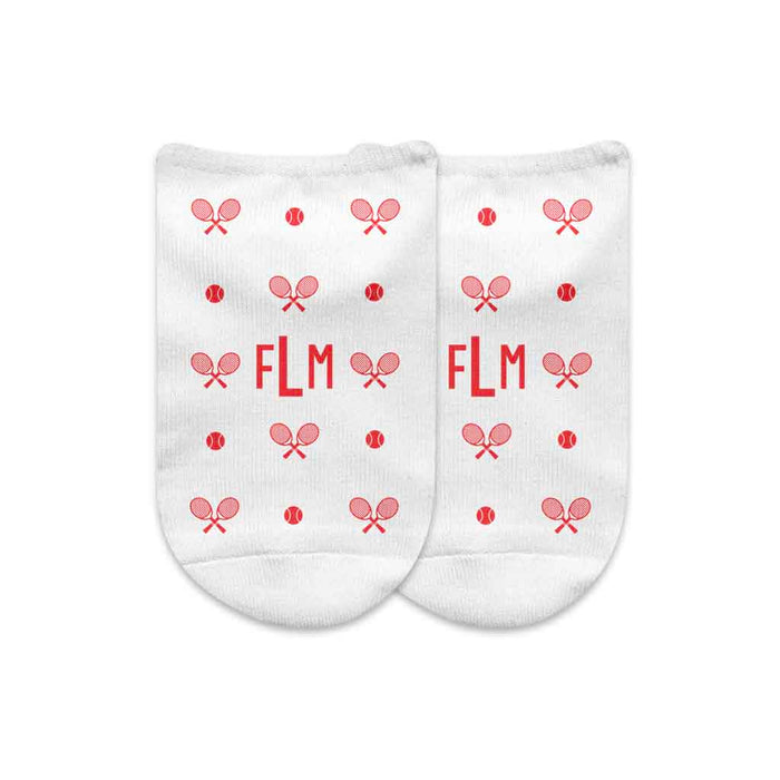 Orange tennis design custom printed on no show socks with your initials in a gift box set.
