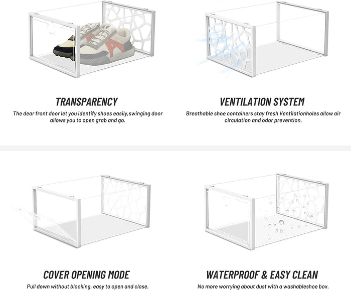 PINKPUM Large Shoe Boxes Clear Plastic Stackable, 12 Pack Shoe Storage Box Organizer for Closets, Foldable Sneaker Storage Fit for Size 11