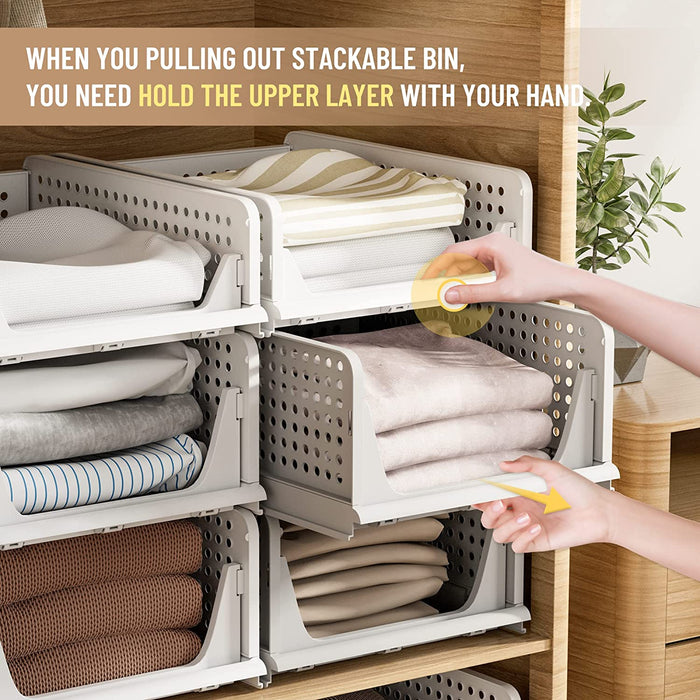 PINKPUM Stackable Plastic Storage Basket-Foldable Closet Organizers and Storage Bins 4 Pack-Drawer Shelf Storage Container for Wardrobe Cupboard Kitchen Bathroom Office