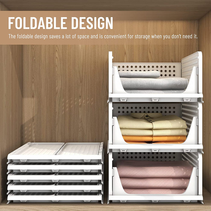 PINKPUM Stackable Plastic Storage Basket-Foldable Closet Organizers and Storage Bins 4 Pack-Drawer Shelf Storage Container for Wardrobe Cupboard Kitchen Bathroom Office