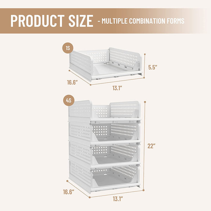 PINKPUM Stackable Plastic Storage Basket-Foldable Closet Organizers and Storage Bins 4 Pack-Drawer Shelf Storage Container for Wardrobe Cupboard Kitchen Bathroom Office
