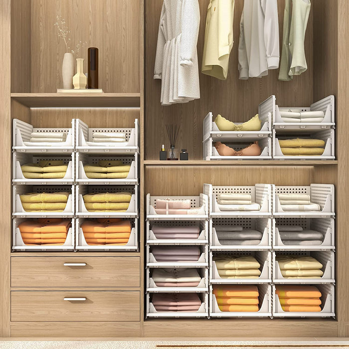 PINKPUM Stackable Plastic Storage Basket-Foldable Closet Organizers and Storage Bins 4 Pack-Drawer Shelf Storage Container for Wardrobe Cupboard Kitchen Bathroom Office