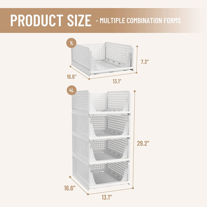 PINKPUM Stackable Plastic Storage Basket-Foldable Closet Organizers and Storage Bins 4 Pack-Drawer Shelf Storage Container for Wardrobe Cupboard Kitchen Bathroom Office