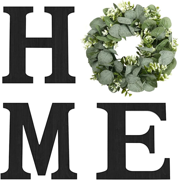 Pinkpum Wood Home Sign with Eucalyptus Wreath for O Home Decor Wall Decor Hanging Farmhouse Wall House Decor Wood Letters for Wall Art Rustic Home Decor Wall Decor Living Room Kitchen Entryway Black