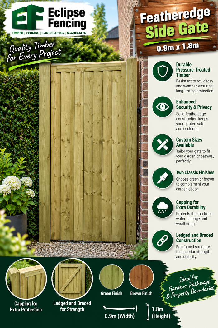Pressure Treated Featheredge Side Gate 0.9m x 1.8m – Durable Timber Garden Gate for Security & Privacy-Eclipse Fencing