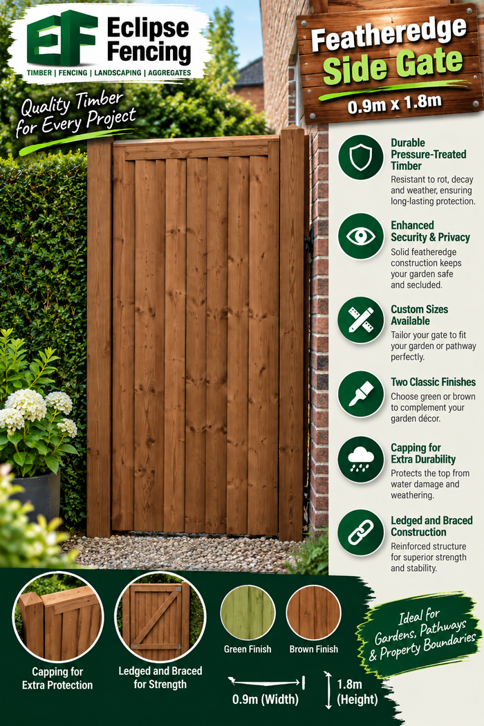 Pressure Treated Featheredge Side Gate 0.9m x 1.8m – Durable Timber Garden Gate for Security & Privacy-Eclipse Fencing