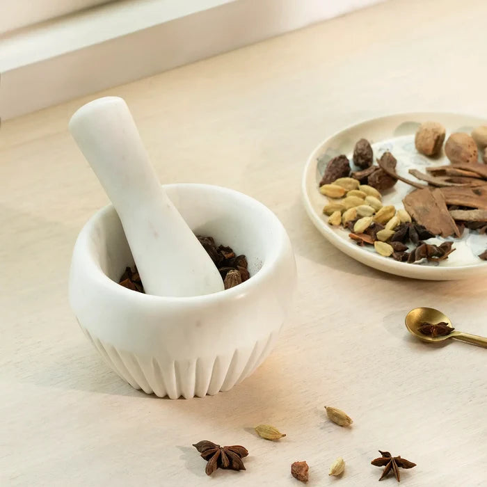 ribbed marble mortar pestle