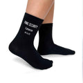 Ring security digitally printed on flat knit dress socks and personalized with your name and wedding date.