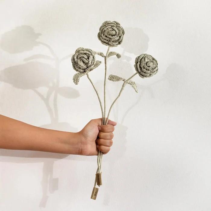 rose silver crochet flower set of 3